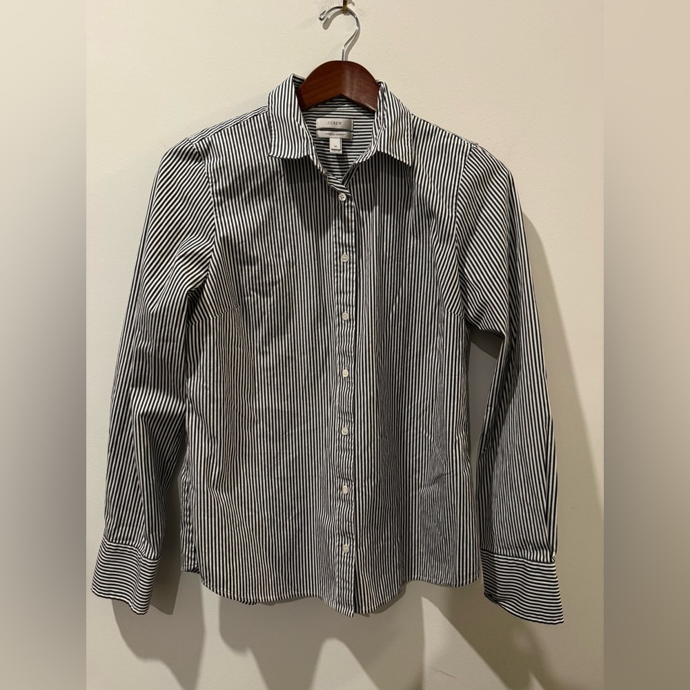 J. Crew Women's Navy and White Pinstripe Shirt Size M